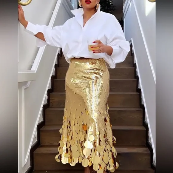 🎉Plus Size Elegant Gold Or Silver Long Sequin Formal Midi Skirt - Picture 2 of 16